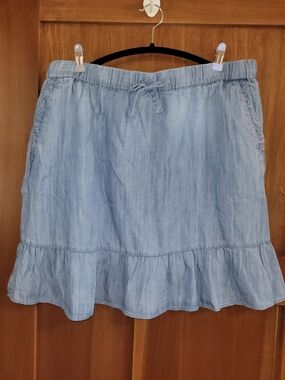 LOFT Light Blue Chambray Drawstring A-Line Skirt with Ruffle Hem